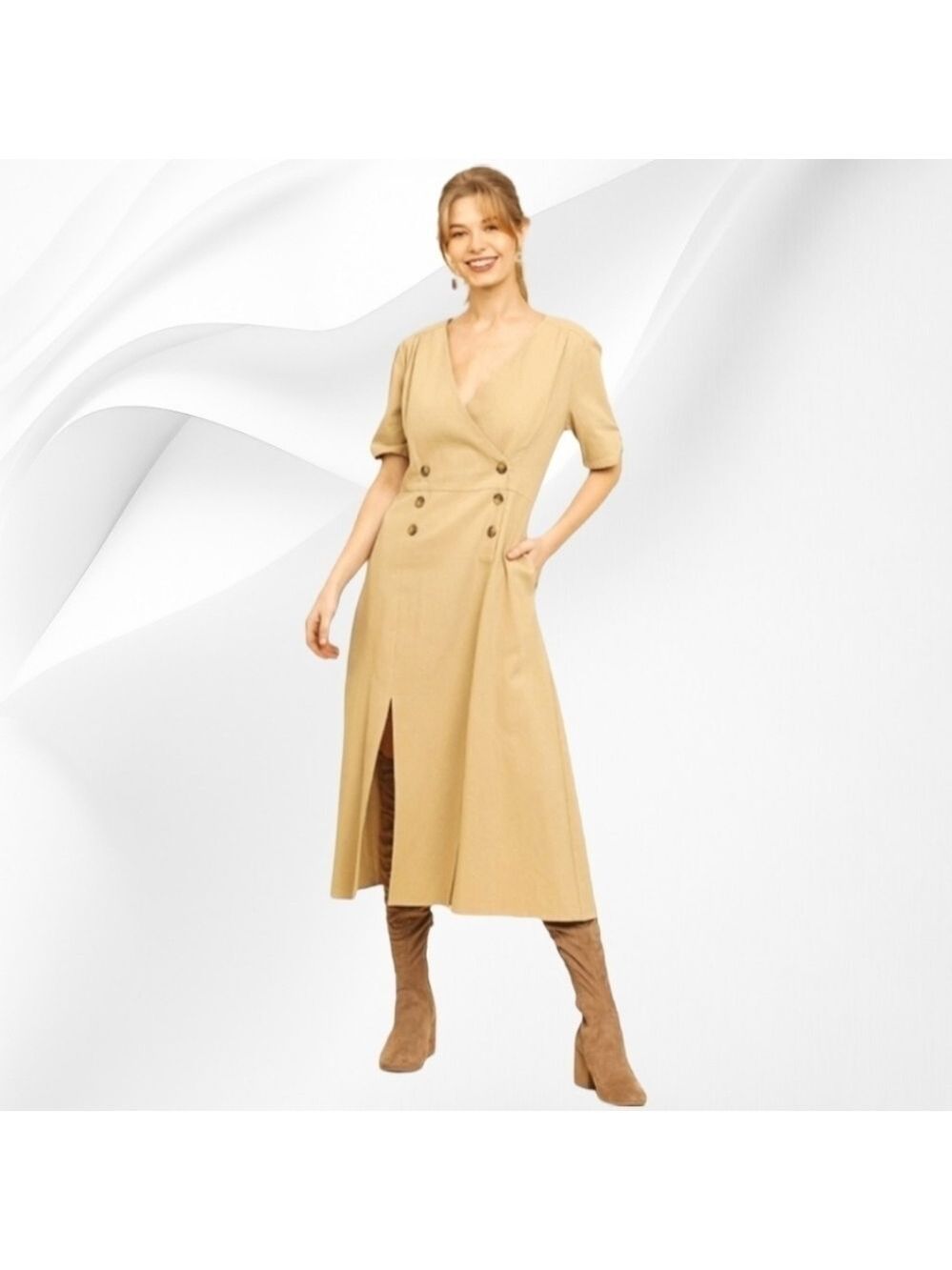 UMGEE | Tan Short Pintuck Sleeve V-Neck Crossbody Midi Dress